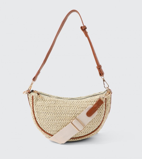 Contrast Trim Straw Shoulder Bag
