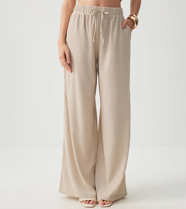 Drawstring Waist Seersucker Wide Leg Pants