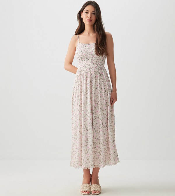 Printed Strappy Smocked Bodice Midi Dress