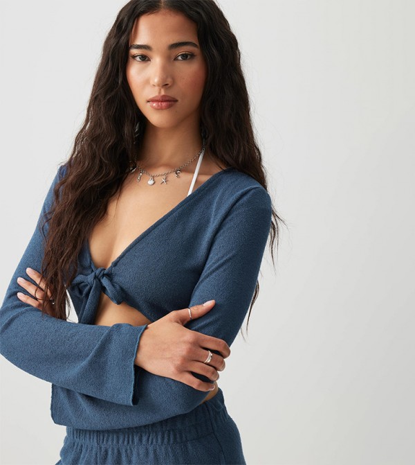 Textured Knit Tie Front Ultra Crop Top