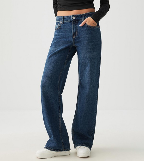 Washed Mid Rise Straight Fit Jeans