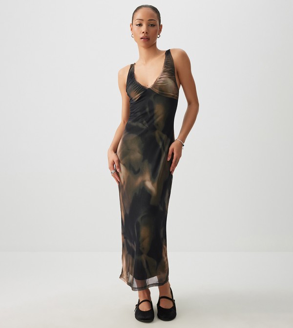 Patterned V-Neck Mesh Midi Dress