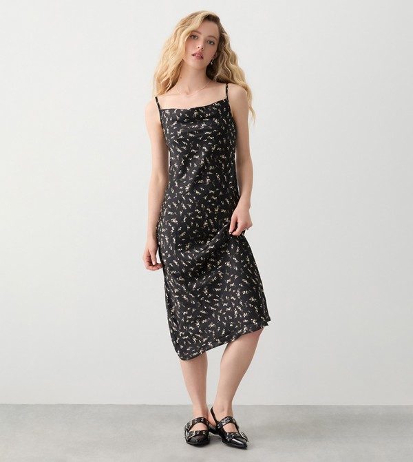Floral Print Satin Slip Strappy Midi Dress
