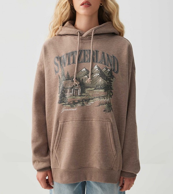 Printed Kangaroo Pocket Oversized Hoodie