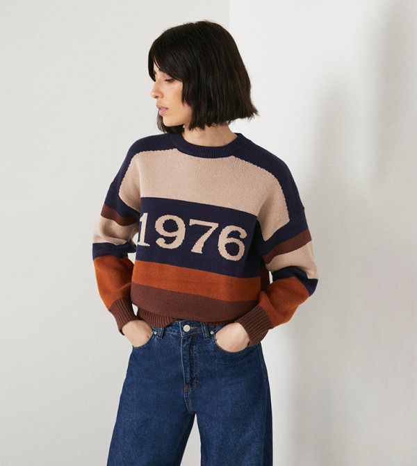 Buy Warehouse 1976 Jacquard Color Block Knit Jumper In Navy