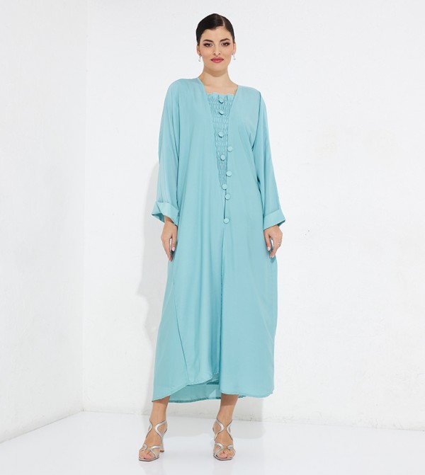 2-Piece Solid Abaya with Elasticated Dress