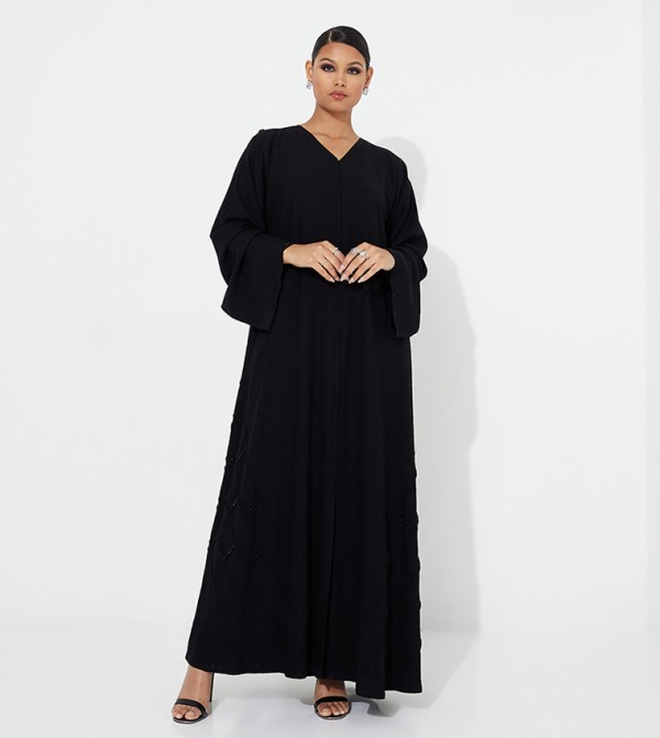 Stone Embellished Wide Sleeves Abaya