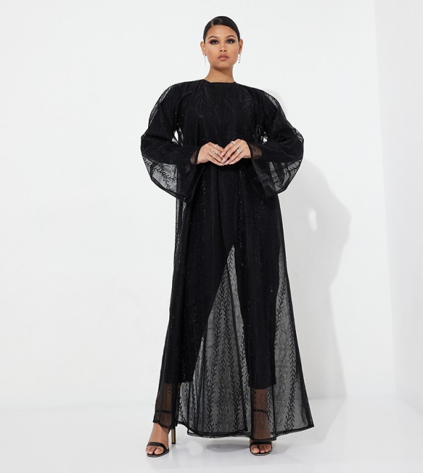 Embroidered Long Sleeves Sheer Abaya