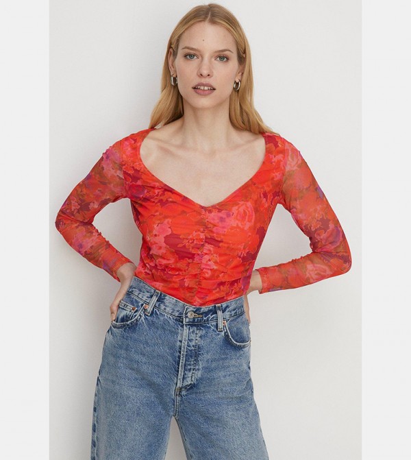 Buy Oasis Floral Mesh Gauged Front Top In Red 6thStreet Saudi Arabia
