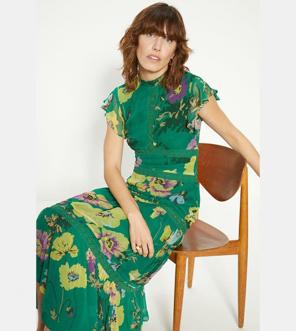 Buy Oasis Lace Trim High Neck Chiffon Floral Midi Dress In Green