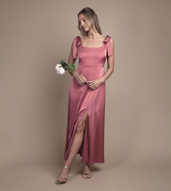 Satin Tie Shoulder Maxi Bridesmaid Dress