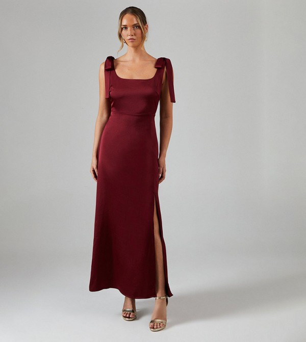 Satin Tie Shoulder Maxi Bridesmaids Dress