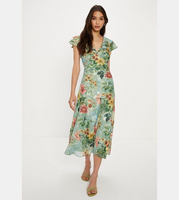 Floral Satin Burnout Ruffle Midi Dress