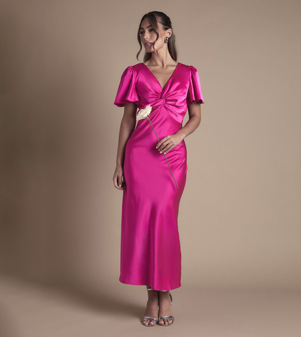 Satin Twist Front Angel Sleeves Midi Bridesmaid Dress