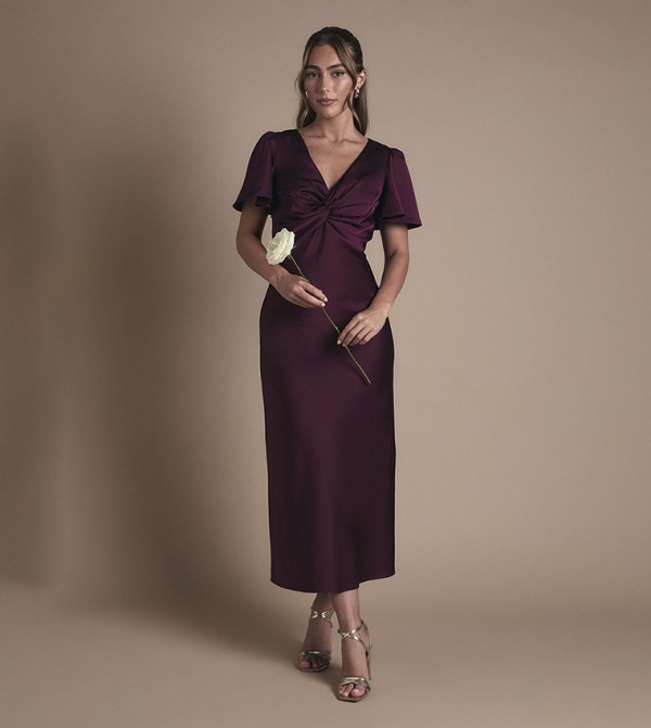 Satin Twist Front Angel Sleeves Midi Bridesmaid Dress