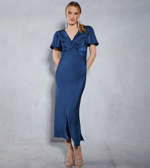 Satin Twist Front Angel Sleeves Midi Dress