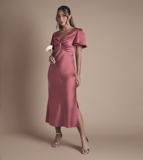 Satin Twist Front Angel Sleeves Midi Bridesmaid Dress