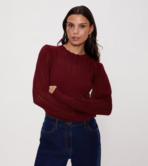 Buy Oasis Zig Zag Pointelle Mutton Sleeves Sweater In Berry | 6thStreet ...