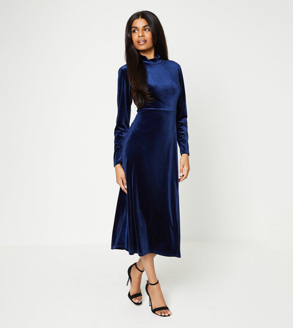 High End | Navy Velvet Asymmetric-Neck Midi Dress With Draped Detailing