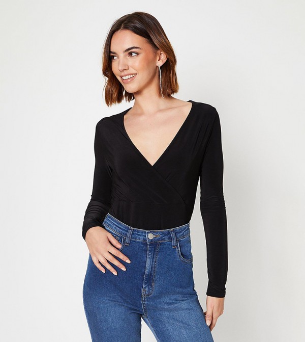 Buy Boohoo Tall Soft Ribbed Notch Neck Long Sleeves Bodysuit Top In  CHOCOLATE
