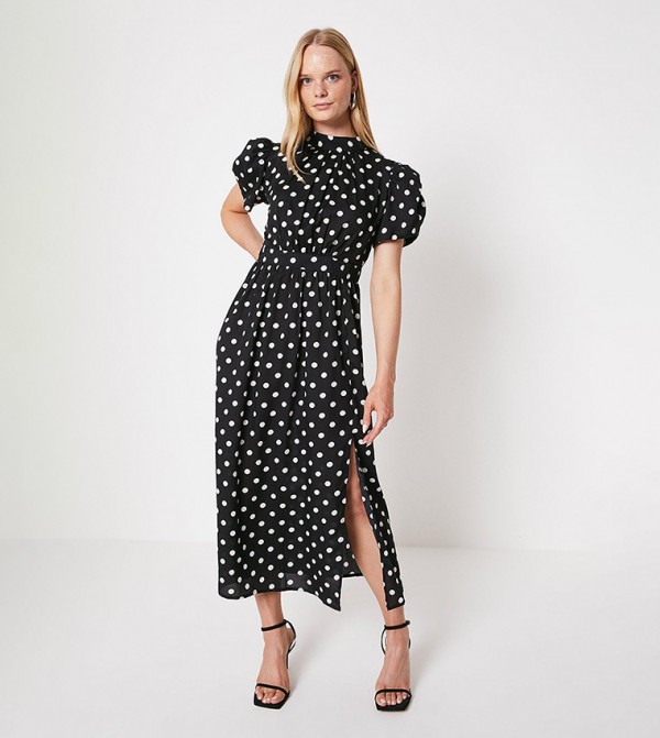 Buy Oasis Polka Dot Puff Sleeves Tie Neck Midi Dress In Black