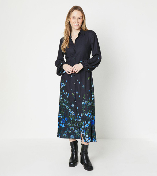 Floral Print Midi Shirt Dress in Black