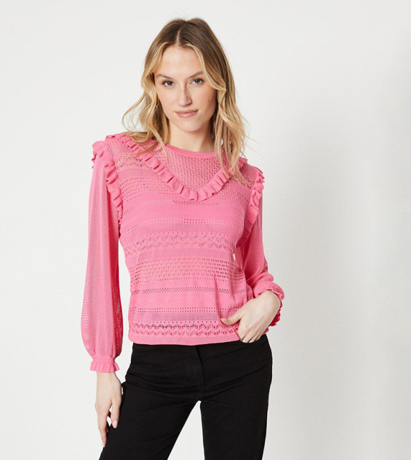 Buy Oasis Pointelle Frill Detail Lightweight Knitted Top In Pink