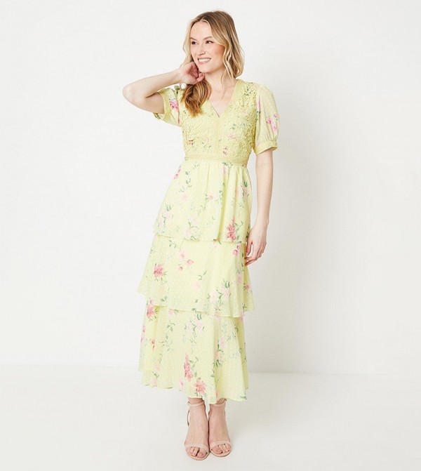 Floral Print Lace Tiered Midi Dress