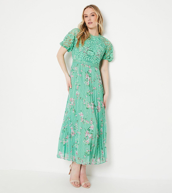 Floral Print Lace Overlay Pleated Midi Dress