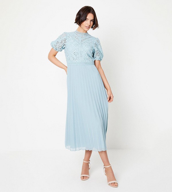 Lace Puff Sleeves Pleated Midi Dress
