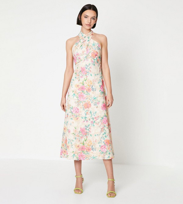 Floral Print Cross Front Satin Burnout Halter Midi Dress