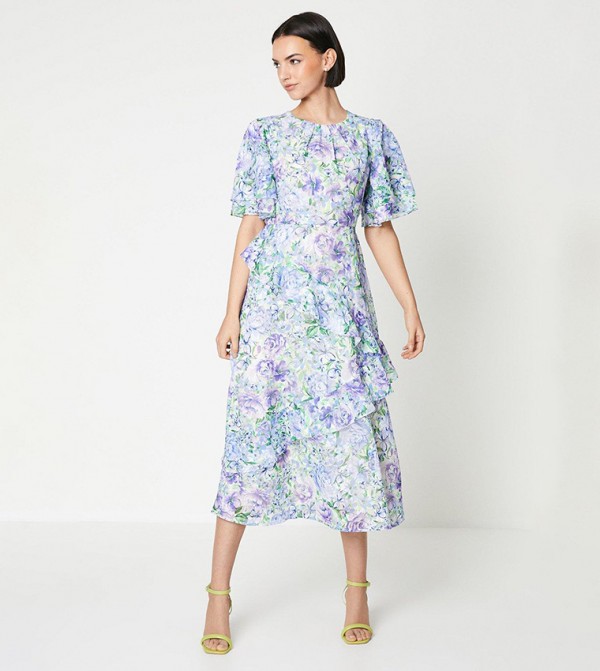 Soft Floral Angel Sleeves Satin Burnout Midi Dress