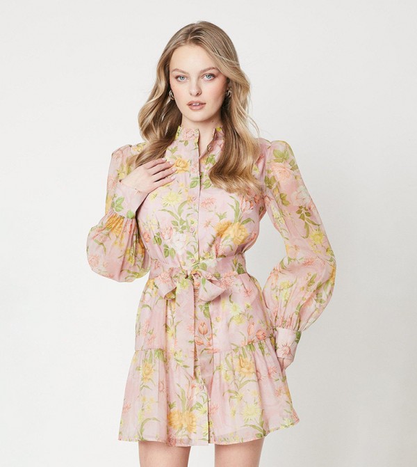 Organza Floral Mini Shirt Dress