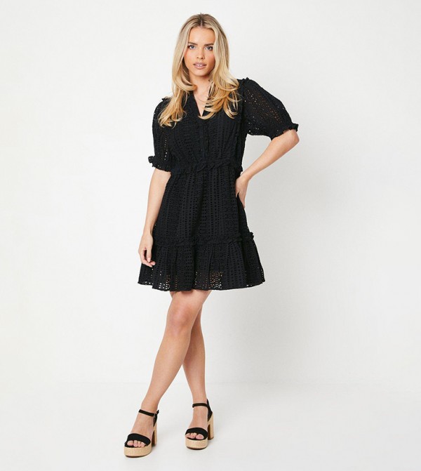 Petite Broderie Frill Detail Button Down Mini Dress