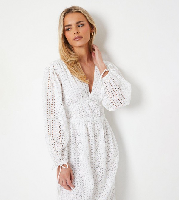 Petite Broderie Tie Front Puff Sleeves Midi Dress