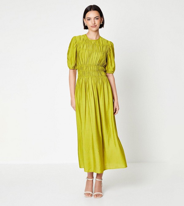 Shirred Bodice Puff Sleeves Midi Dress