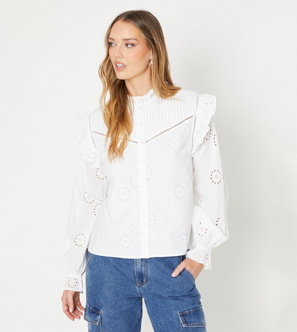 Broderie Pintuck Button Through Top