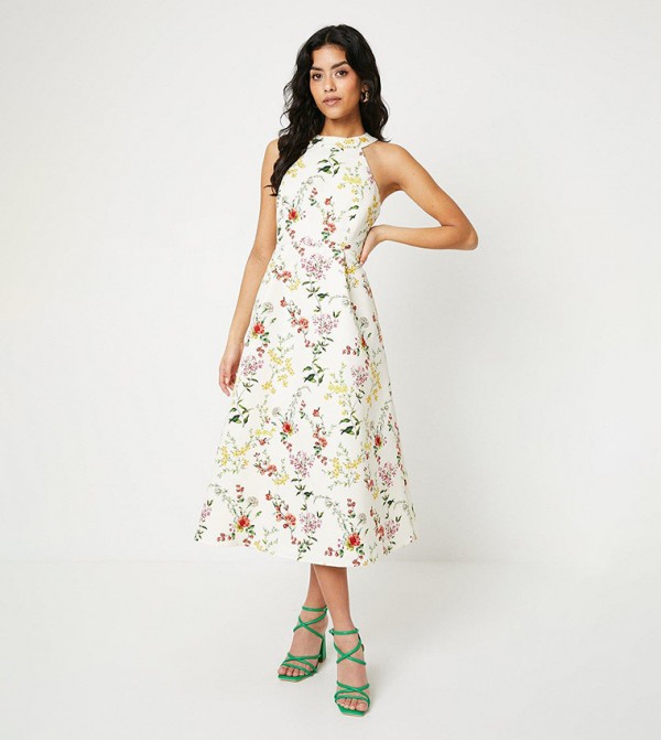 Petite Floral Ottoman Twill Halter Neck Midi Dress