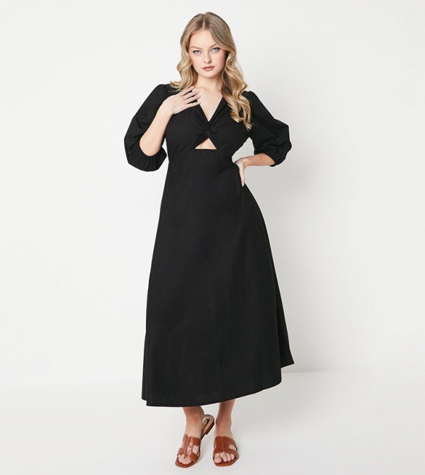 Knot Front Puff Sleeves Midi Dress