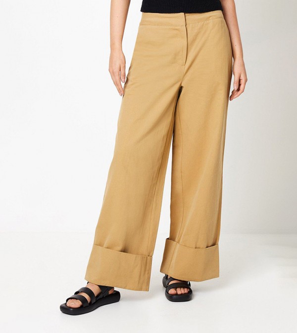 Twill Turn Up Hem Straight Fit Trousers