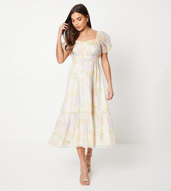 Petite Ruched Organza Tiered Midi Dress