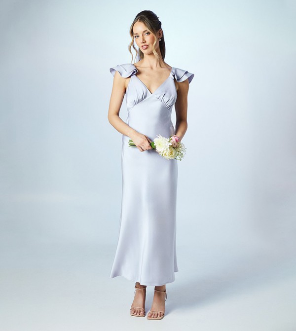 Petite Ruffle Sleeves Satin Maxi Bridesmaid Dress