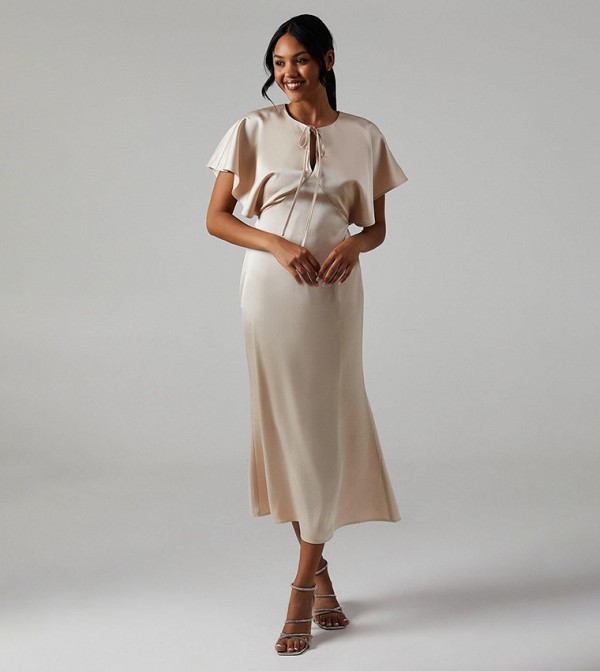 Satin Flutter Sleeves Bridesmaids Midi Dress