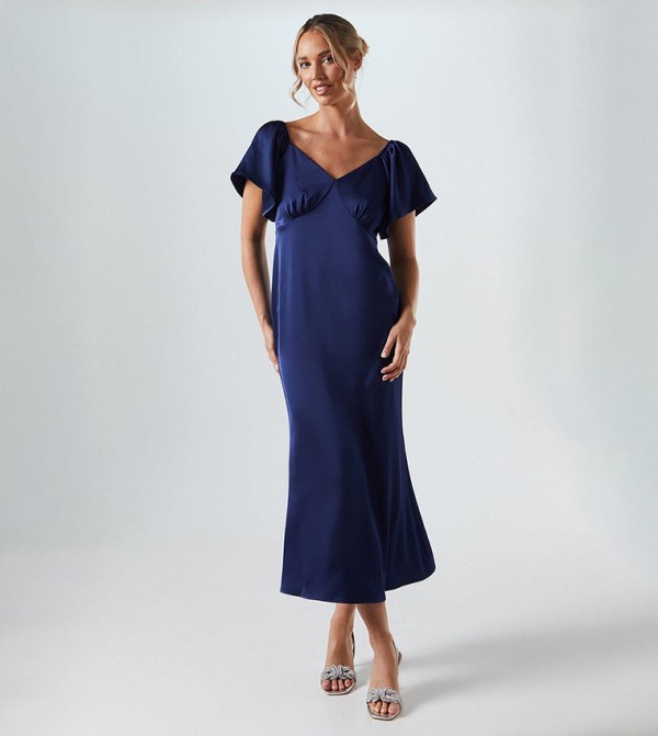 Satin Flutter Sleeves Bridesmaids Midi Dress