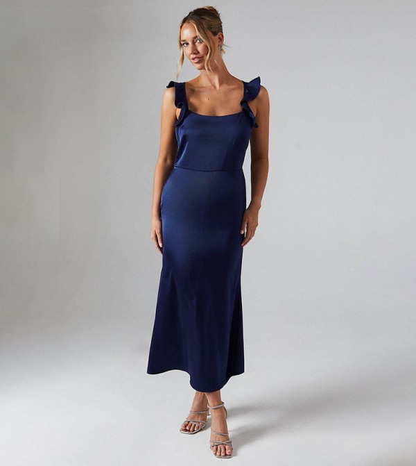 Ruffle Square Neck Satin Bridesmaids Midi Dress