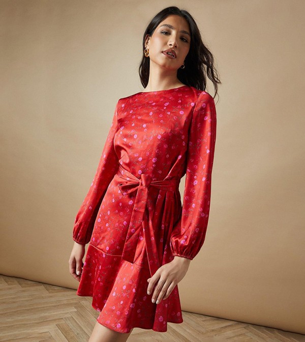 Floral Satin Long Sleeves Mini Dress