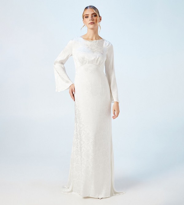 Peony Satin Jacquard Flared Sleeves Wedding Dress