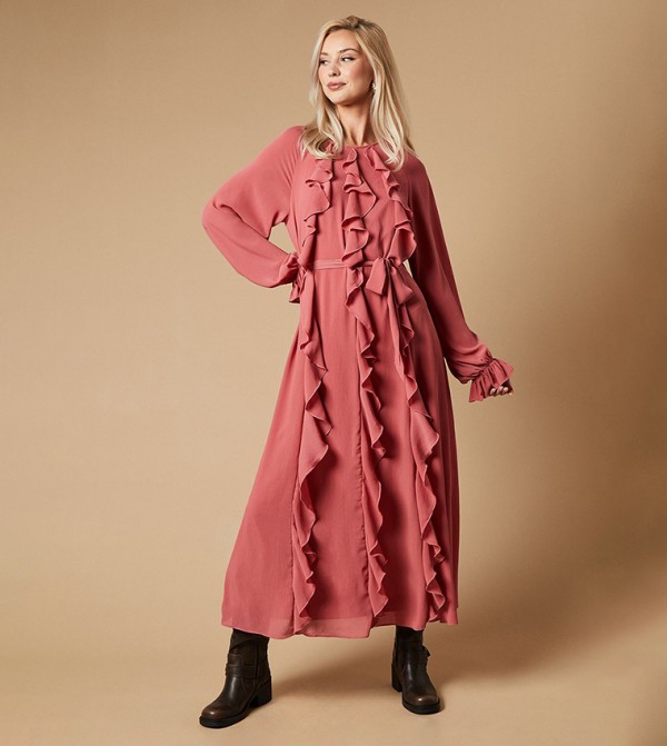Ruffle Detail Chiffon Belted Midaxi Dress
