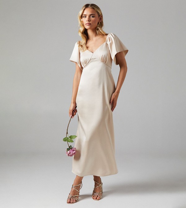 Petite Flutter Sleeves Satin Bridesmaids Maxi Dress