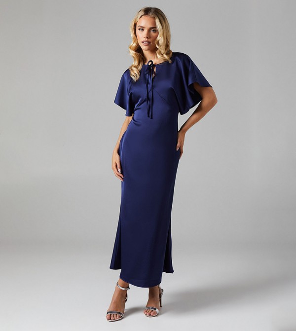 Petite Flutter Sleeves Satin Bridesmaids Maxi Dress